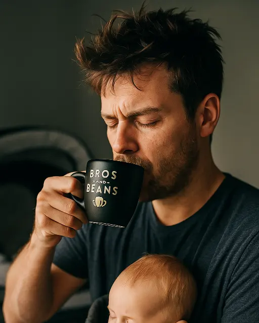 Tired father drinking coffee